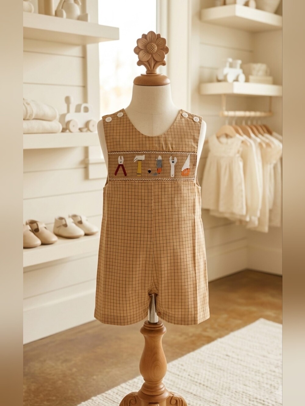 Mom & Me Brown Plaid Smocked Tools Jon Jon – Sizes 12M
